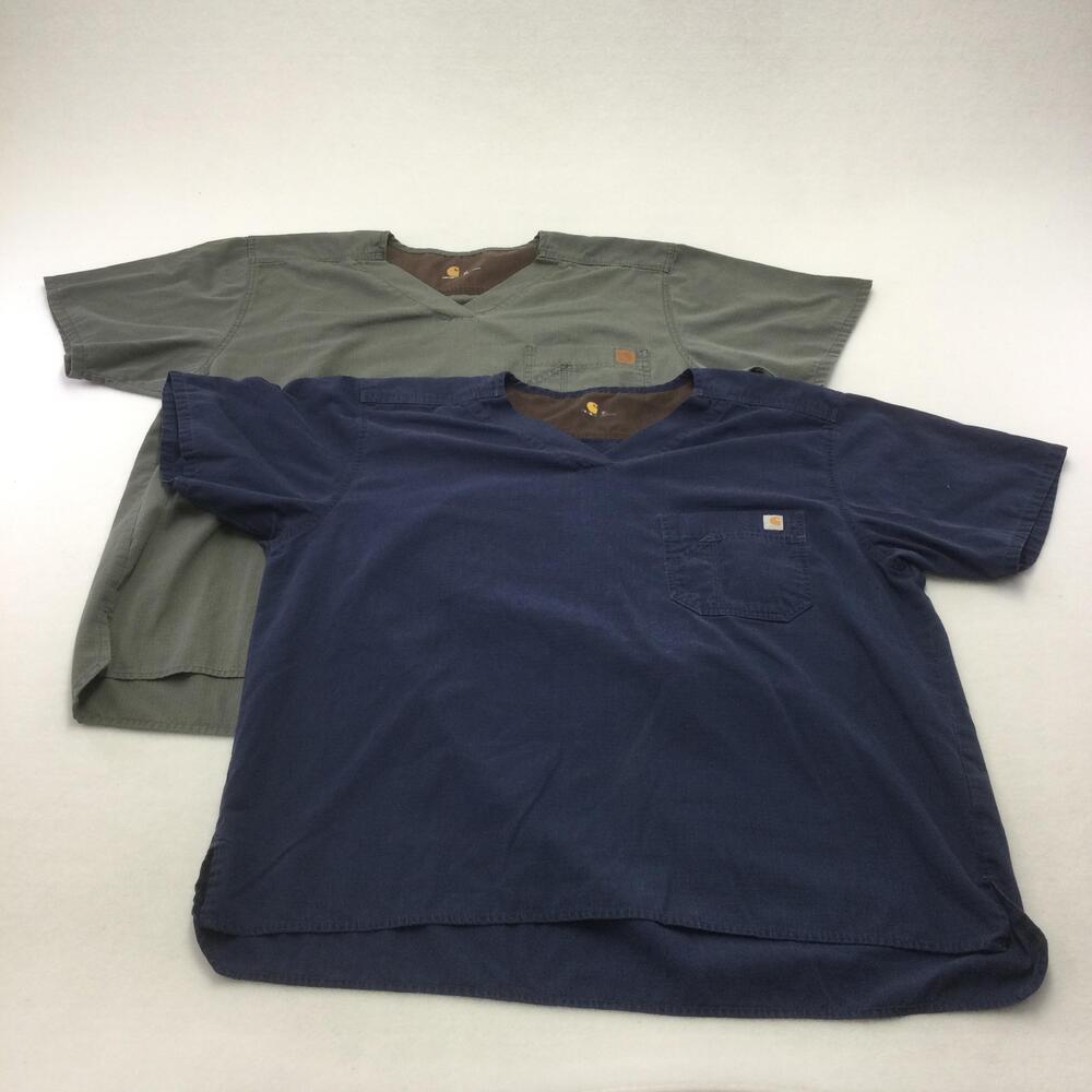 Carhartt Scrub Shirt Mens XL Green Navy V Neck Short Sleeve Medical Lot 2
